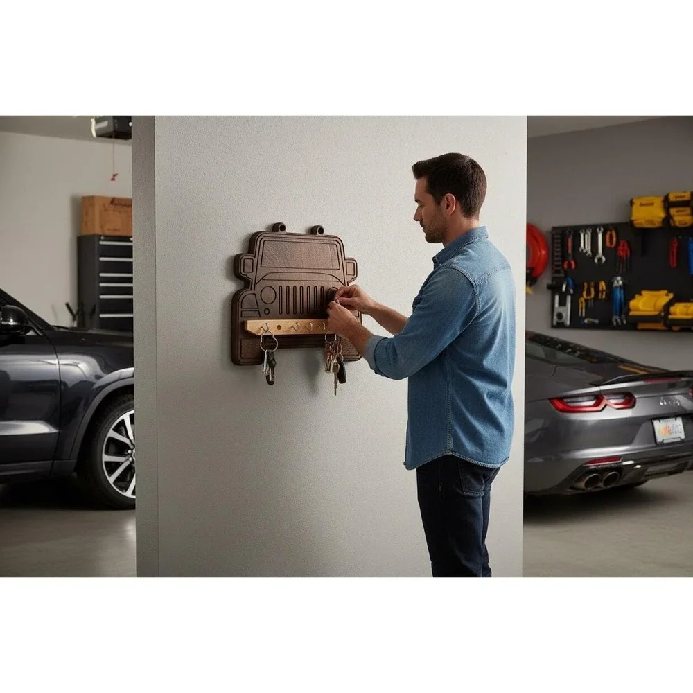Jeep Grill Key Holder, Walnut Wood Off Road Wall Decor, Entryway Hanging Hooks